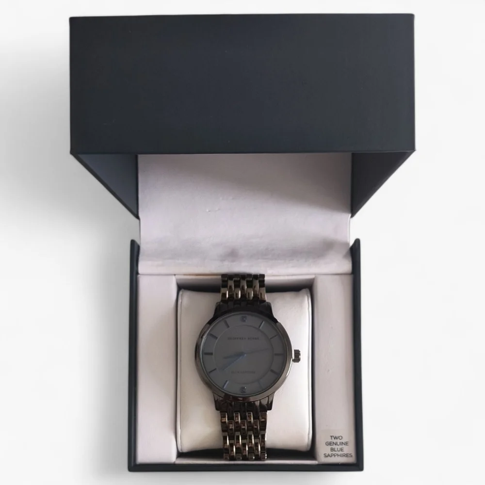 Geoffrey Beene Gunmetal Gray Stainless Steel Blue Sapphire Collection Watch